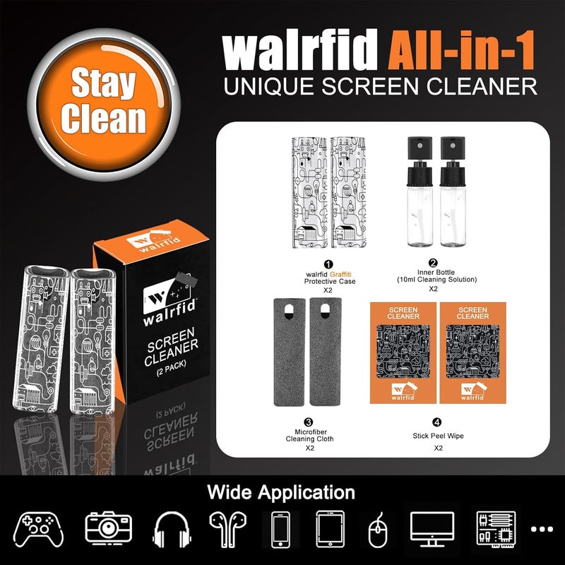walrfid 2pcs Car Screen Cleaner, Computer Screen Cleaner Spray and Wipe, Laptop Cleaning Mist Kit for Electronic iPad, iPhone, Phone, MacBook, TV, Monitor, Tablet Display, with Graffiti Case, Grey - Image 2